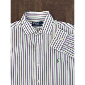 Vintage Mens White Colorful Striped Button Down Green Pony Long Sleeve Size M
